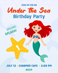 Mermaid birthday party for baby birthday party invitation template. 
