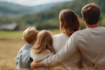 Fototapeta premium Family sitting in field with defocused landscape background, faceless outdoor moment, nature gathering visualization, blurred countryside scene, family unity detail, peaceful bondi