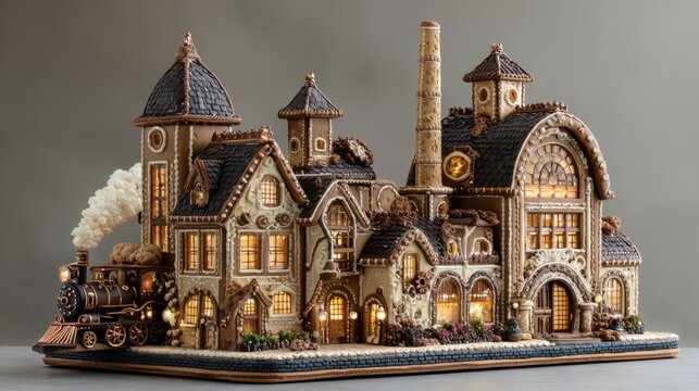 Highly detailed gingerbread steampunk factory model with a miniature locomotive, intricate carvings, and warm glowing light from the windows.