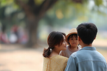 Fototapeta premium Family in park with defocused natural background, faceless outdoor moment, nature gathering visualization, blurred scenery detail, family portrait, bonding concept, park atmosphere