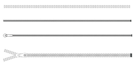 Zipper icon for fashion cloth. Set of stylish fasteners and zippers for clothing. Textile symbol and sign. Vector illustration of different  closed and open zippers for clothes on white background.

