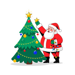Santa Claus with Christmas Tree — Flat Modern Vector on White