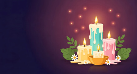 Four lit candles with flowers and leaves, symbolizing warmth, tranquility, and a gentle glow on a dark background