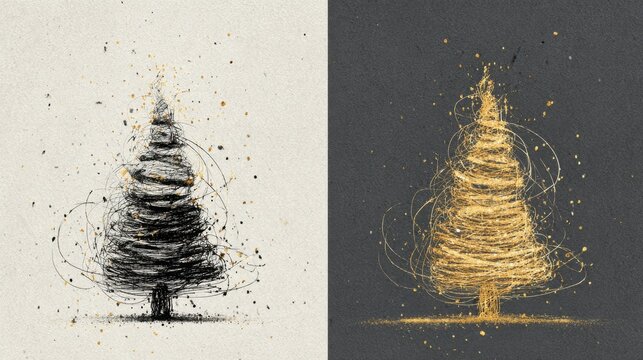 Abstract scribbled Christmas tree split between black sketch and golden wire art.