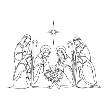 Biblical nativity scene with continuous line drawing of Mary, Joseph, and shepherds in front of manger. Biblical nativity reflects Christian beliefs.