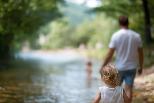 Family by water with defocused river background, faceless summer activity, outdoor play visualization, blurred natural scene, toddler moment detail, riverside bonding concept, wate