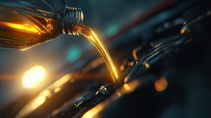 Warm, golden engine oil is poured from a bottle into a dark, illuminated engine.