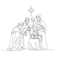 Obraz premium Biblical history depicted in continuous line drawing showcasing three wise men offering gifts to baby Jesus and Mary. Depiction of biblical history shows star shining above sacred scene,