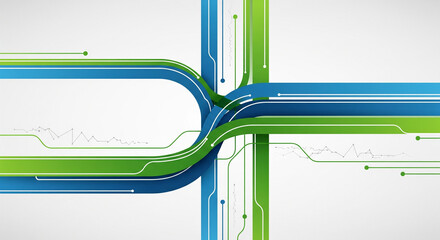 Abstract technology background with dynamic blue and green intertwined digital pathways symbolizing data flow and communication