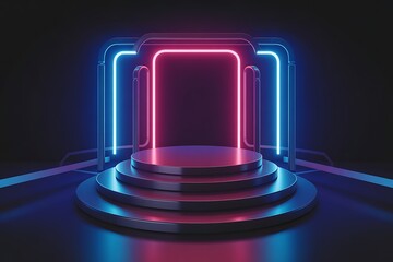 Futuristic Neon Stage with Circular Platforms and Glowing Blue and Pink Lights