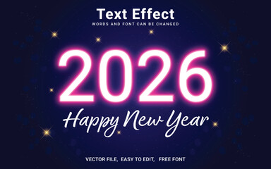 Happy New Year 2026 neon effect style, Editable 2026 neon text effect in Illustrator