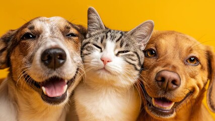 Veterinarian with pets banner with happy fluffy dogs and cat in veterinary clinic. Medical care for domestic animals.  - Powered by Adobe