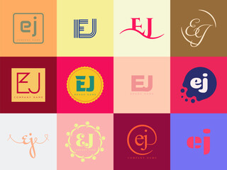 EJ logo company template. Letter e and j logotype. Set different classic serif lettering and modern bold text with design elements. Initial font typography.