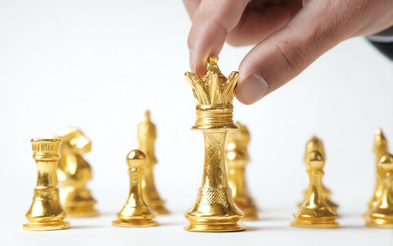 A hand moves a golden chess piece, representing strategy and critical thinking in the game of chess. The luxurious pieces reflect elegance and competitive spirit.