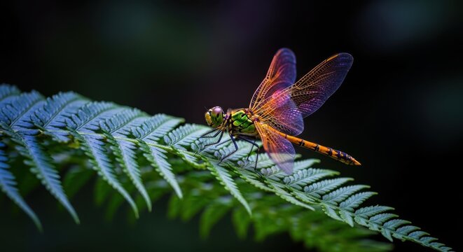 Vibrant dragonfly rests on a lush green fern leaf in soft light
