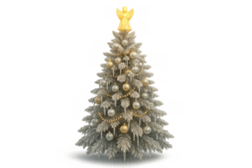 Christmas tree with golden angel topper, silver and gold baubles, icicles, and bead garlands, festive holiday decoration