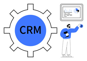 Gear with CRM text, screen displaying data charts, professional holding coin and tablet. Ideal for business, management, CRM, data analysis, productivity, customer engagement simple flat metaphor