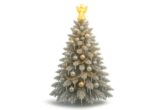 Christmas tree with golden angel topper, silver and gold baubles, icicles, and bead garlands, festive holiday decoration