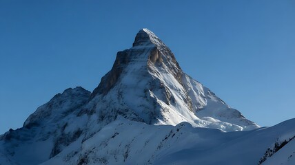 Majestic snow-capped mountain peak piercing a clear blue sky, evoking a sense of adventure and awe inspiring natural beauty for travel and exploration themes