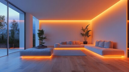 Minimalist Smart Home With Adjustable Lighting in a Cozy Living Space