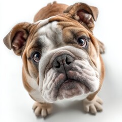 Fototapeta premium Photorealistic high-angle view of a wrinkled English Bulldog showcasing its lovable expression, elegantly lit against a white background.