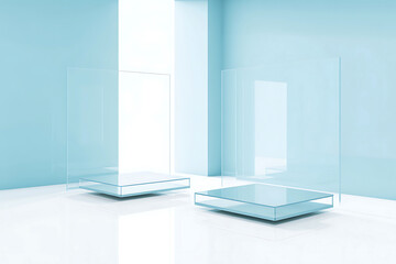 Minimalist Light Blue Interior with Glass Pedestals and Reflective Floor
