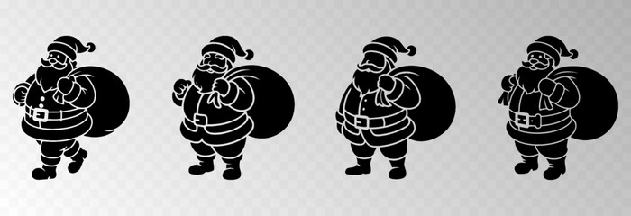 Santa Claus png with a big gift sack walking in snowy forest surrounded by Christmas trees, isolated on transparent background, space for holiday sale text, luxury New Year card vector