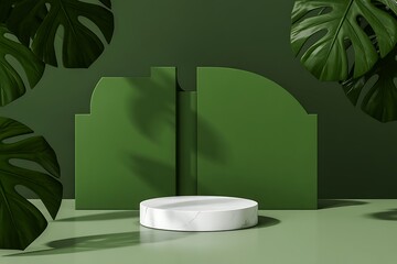 Minimalist Green Studio with Marble Pedestal and Monstera Leaves