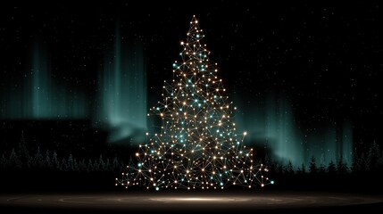 Ethereal Christmas tree made of glowing lights under the Northern Lights.