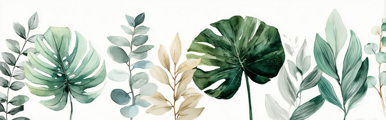 Minimalist Watercolor Botanical Composition with Tropical and African Leaves on White Background
