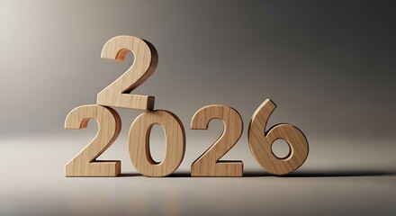 Wooden numbers forming the year 2026, with an additional '2' stacked on top, against a soft gray background.