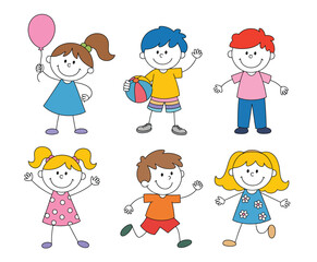 Six happy cartoon children vector illustration with balloon and ball for kids activities vector
