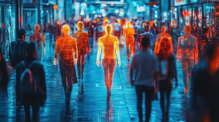 Crowded Shopping Mall With AI Scanning Faces and Tracking People in a Digital Environment