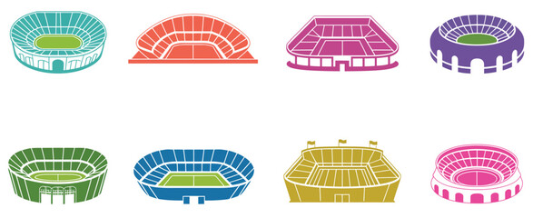 Set of 8 stylized stadium illustrations in various colors scalable vector graphics vector