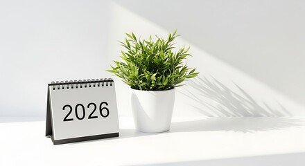 Calendar showing 2026 next to a plant in a white pot.