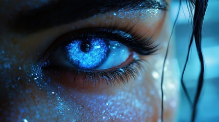 Close-up View of Detailed AI-generated Digital Painting With Blue Lighting on a Large Screen