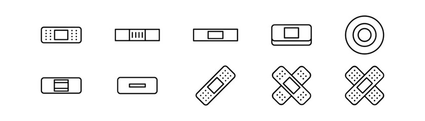 Set of Ten Outline-Style Adhesive Bandage Icons in Monochromatic Design