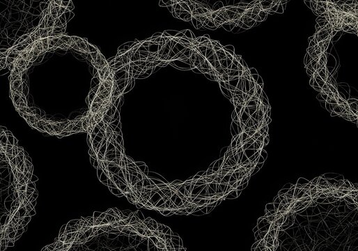 Abstract circular scribbles pattern creating a futuristic and modern design effect on black