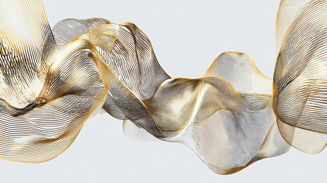 Elegant flowing fabric in a captivating gold and silver design. The fabric moves gracefully creating dynamic forms, which is ideal for artistic purposes