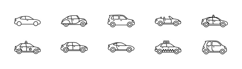 Cars line drawings set in black and white, side view