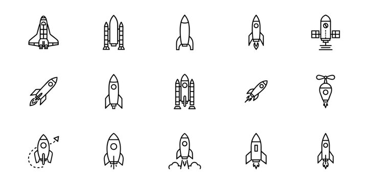 Collection of 15 Spacecraft and Rocket Line Icons in Grid Format