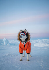 Dog in orange winter jacket and goggles on snow