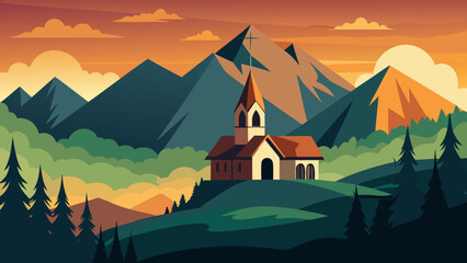 Naklejka premium Church in the mountains at sunset time