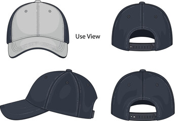 Multi-Angle Baseball Cap Design Featuring Front, Rear, Side, and Angled Views with Stitching, Strap, and Color Contrast Detail