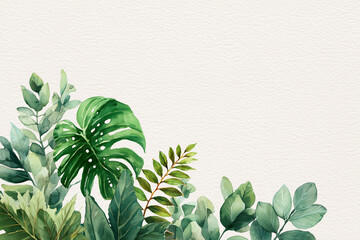 Minimalist Watercolor Botanical Composition with Tropical and African Leaves on White Background