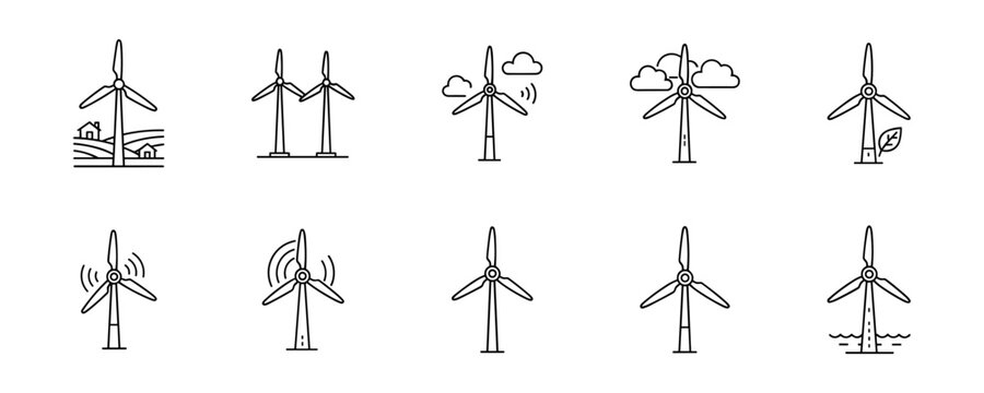 Wind Turbines Minimalist Icon Set in Line Style