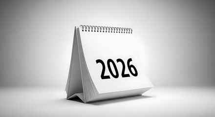 A white desk calendar with the year 2026 printed on the front, standing on a white surface.