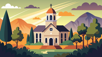Naklejka premium Church in nature landscape illustration