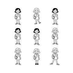 Naklejka premium Vector illustration grid of 9 diverse girls with bags scalable eps icon vector