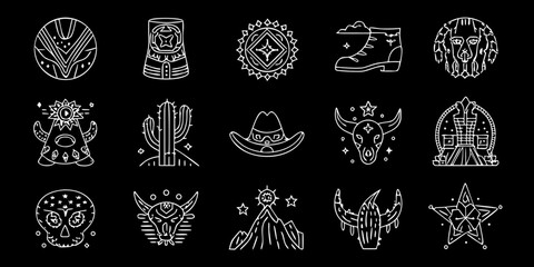 Collection of hand drawn white line art icons representing western and desert themes on a black background